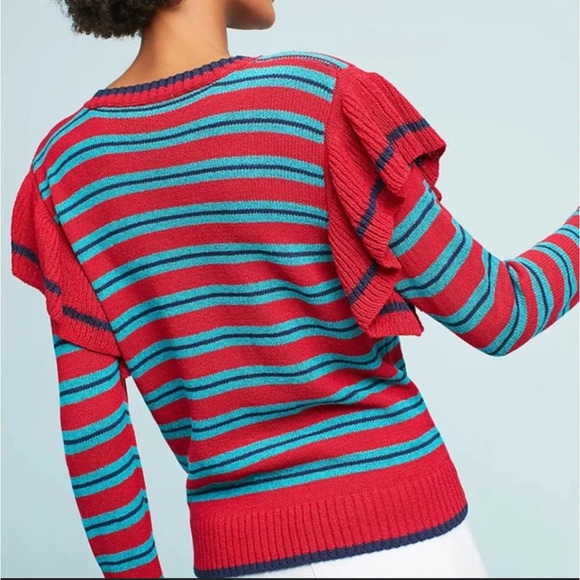 Anthropologie‎ Harlyn Red Blue Striped 
Ruffle Shoulder Sweater. Size Medium. - Picture 4 of 14